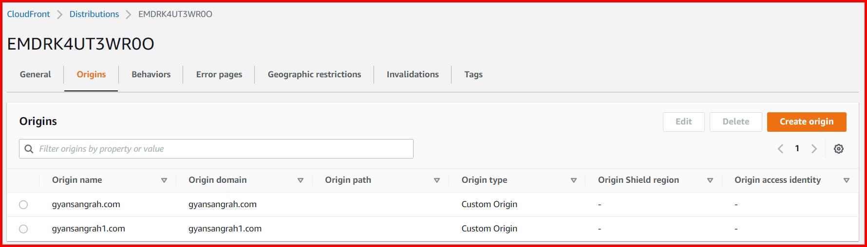 Picture showing 2 origins created inside the cloudfront